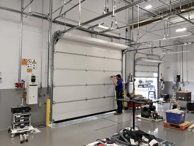Commercial garage door repair being performed by Temescal Valley Garage Door Repair expert in Temescal Valley
