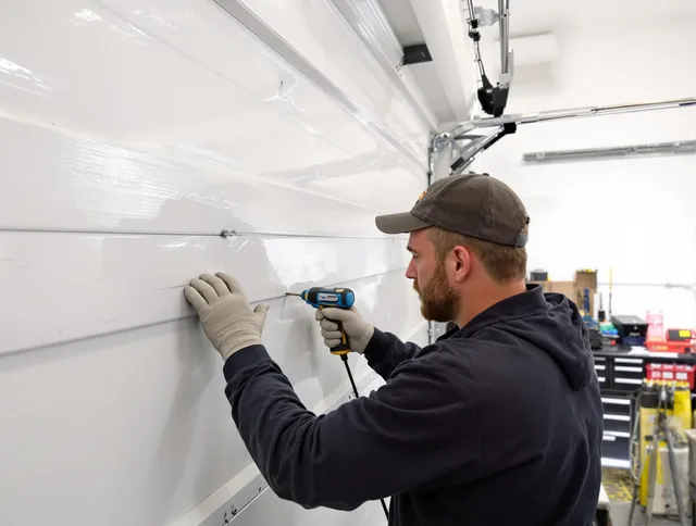 Temescal Valley Garage Door Repair technician demonstrating precision dent removal techniques on a Temescal Valley garage door