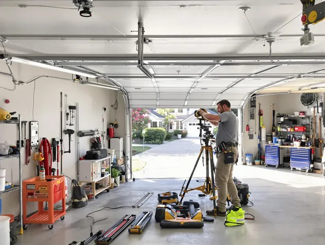 Temescal Valley Garage Door Repair specialist performing laser-guided track alignment in Temescal Valley
